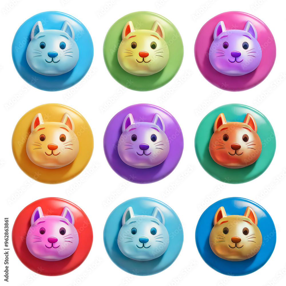 Cute cartoon cat face icons in different colors isolated on transparent background Cute cartoon cat face icons in different colors isolated on transparent background