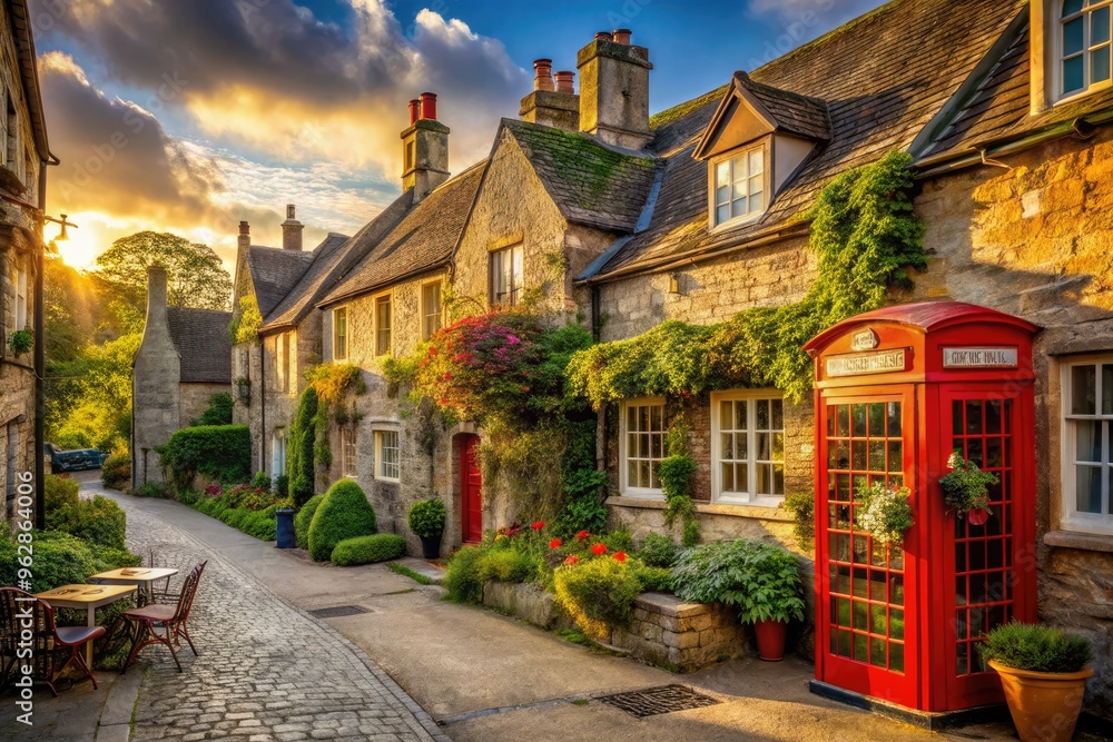 Fototapeta premium quaint english village main street charming tea room exterior traditional red phone booth stone buildings warm afternoon sunlight cozy inviting atmosphere