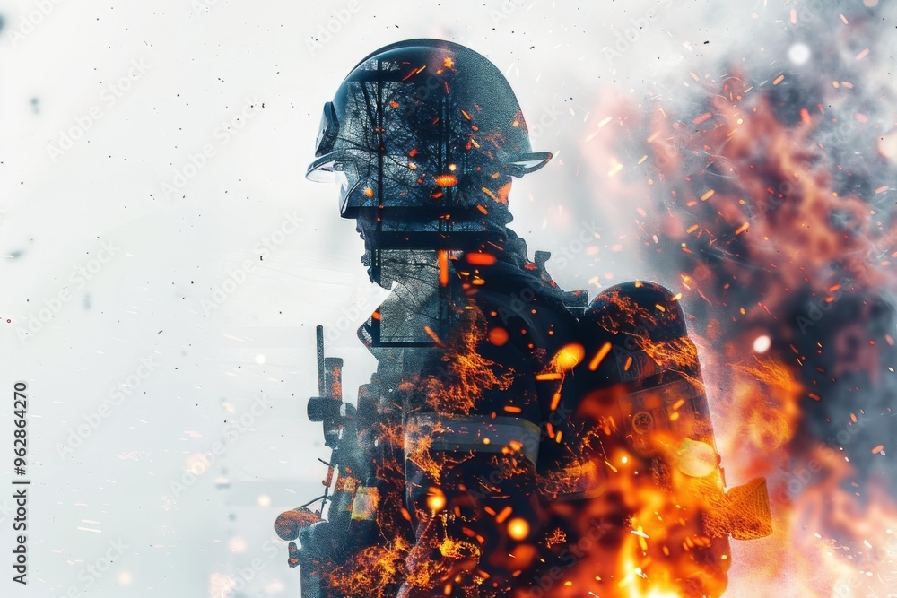 Firefighter Silhouette with a Fiery Backdrop Firefighter Silhouette with a Fiery Backdrop
