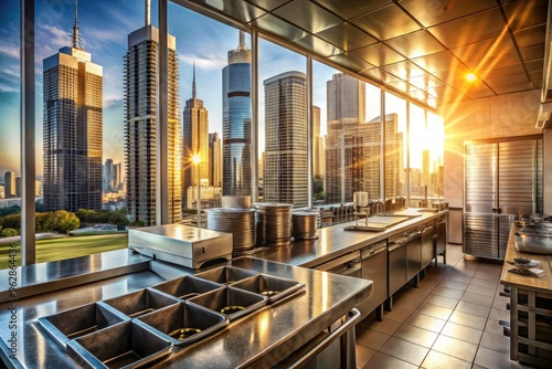 Urban Dawn Awakening Cityscape's vertical towers rise behind bustling commercial kitchen where humming machines scrub and rinse sparkling dishes in warm morning light casting long shadows. photo