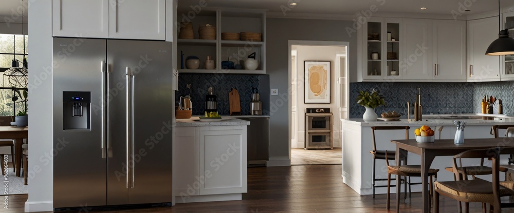 illustrate the concept of the Internet of Things with an image of a smart home, featuring various connected devices and appliances, shot from a low angle with a wide-angle lens illustrate the concept of the Internet of Things with an image of a smart home, featuring various connected devices and appliances, shot from a low angle with a wide-angle lens
