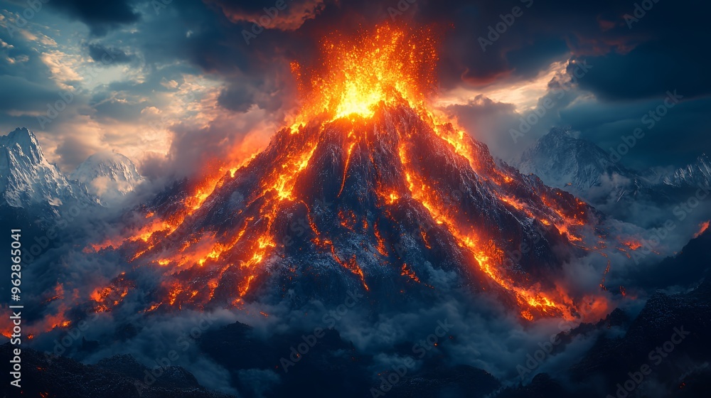 A fiery volcanic eruption with molten lava flowing down the side of the mountain, a stunning display of nature's power. A fiery volcanic eruption with molten lava flowing down the side of the mountain, a stunning display of nature's power.