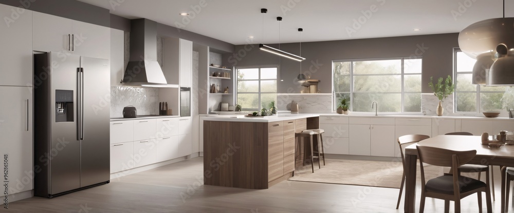 concept of the Internet of Things with an image of a smart home, featuring various connected devices and appliances, shot from a low angle with a wide-angle lens concept of the Internet of Things with an image of a smart home, featuring various connected devices and appliances, shot from a low angle with a wide-angle lens