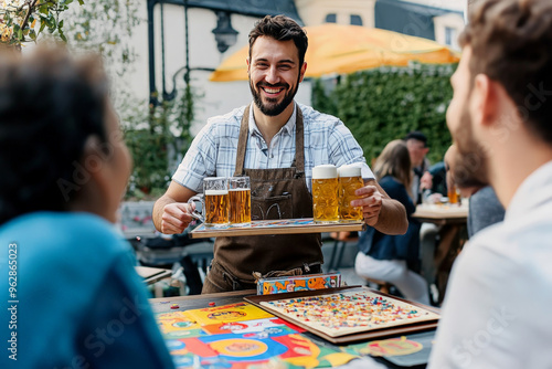 Wallpaper Mural A smiling waiter serves beer to a group of friends playing a board game on a patio. Torontodigital.ca