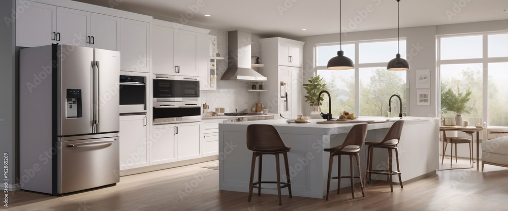 concept of the Internet of Things with an image of a smart home, featuring various connected devices and appliances, shot from a low angle with a wide-angle lens concept of the Internet of Things with an image of a smart home, featuring various connected devices and appliances, shot from a low angle with a wide-angle lens
