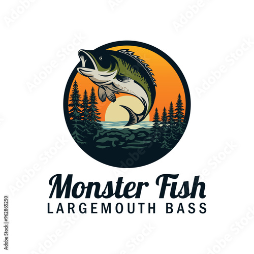 Largemouth bass jumping in wilderness lake at sunset logo