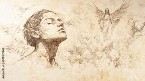 Wallpaper Mural Biblical Illustration: A Dreamer Envisioning Wealth While Divine Oversight Reminds of Spiritual Reverence in Ecclesiastes on a Beige Background Torontodigital.ca