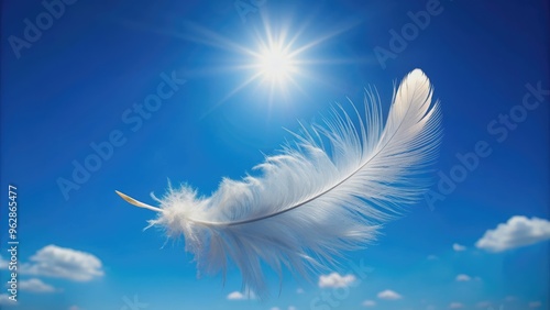 Feather floating gracefully in the clear blue sky , feather, sky, peaceful, serene, lightweight, airy, delicate, soft, tranquil