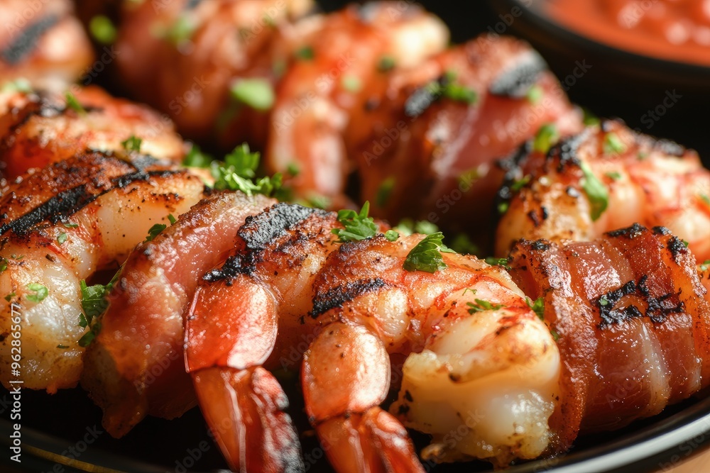 Bacon wrapped shrimp grilled to perfection, served with a side of cocktail sauce Bacon wrapped shrimp grilled to perfection, served with a side of cocktail sauce