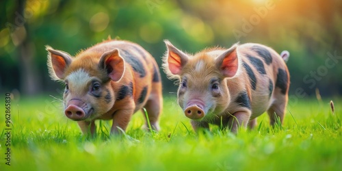 Cute kune kune pigs grazing on fresh green grass , adorable, small, livestock, agriculture, farm animal, snouts, herbivorous, oink photo