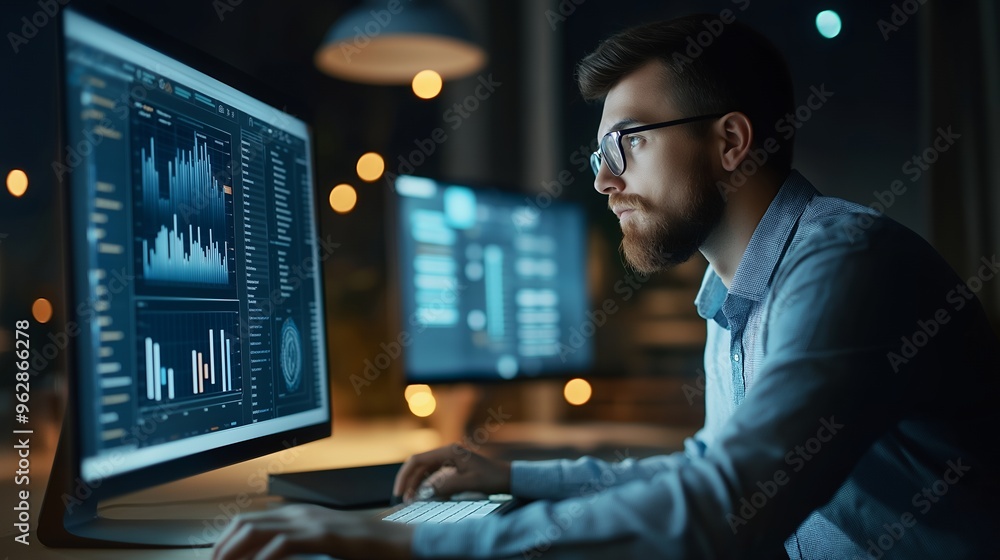 Man working late at night on a computer with charts and graphs displayed on the screen. Man working late at night on a computer with charts and graphs displayed on the screen.