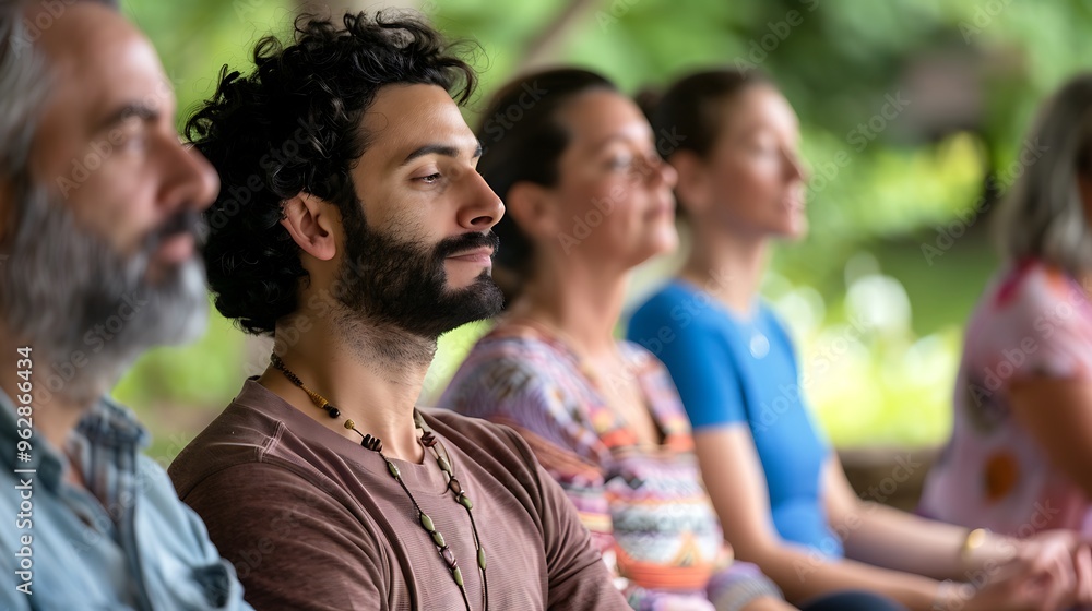 Yoga instructor leads a group of adults in a calm, meditative session, focusing on breathing and posture Yoga instructor leads a group of adults in a calm, meditative session, focusing on breathing and posture