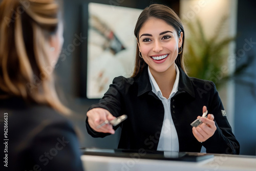 A smiling woman is handing a keycard to a customer at a hotel reception desk.