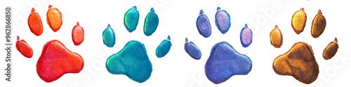 Vibrant colorful paw prints of animals isolated on transparent background photo