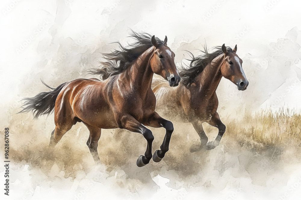 Fototapeta premium Two horses galloping through a grassy field, captured in a dynamic and artistic watercolor style.