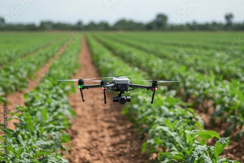 A close-up of an AI-driven drone hovering above a field, symbolizing the use of AI in agriculture and environmental monitoring