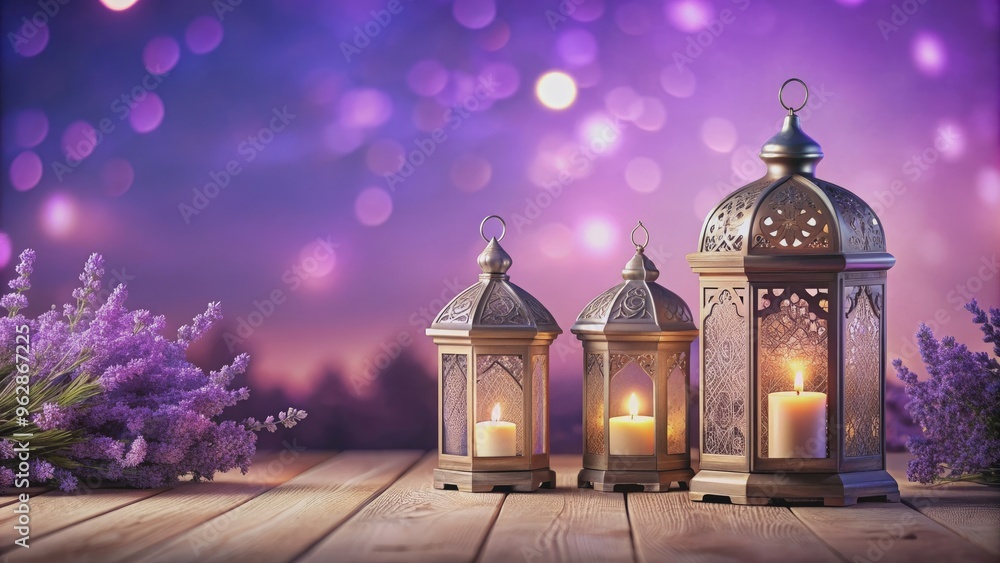 Fototapeta premium Calming lavender setting with Ramadan lanterns, perfect for personalized message , Ramadan, lanterns, calming, lavender