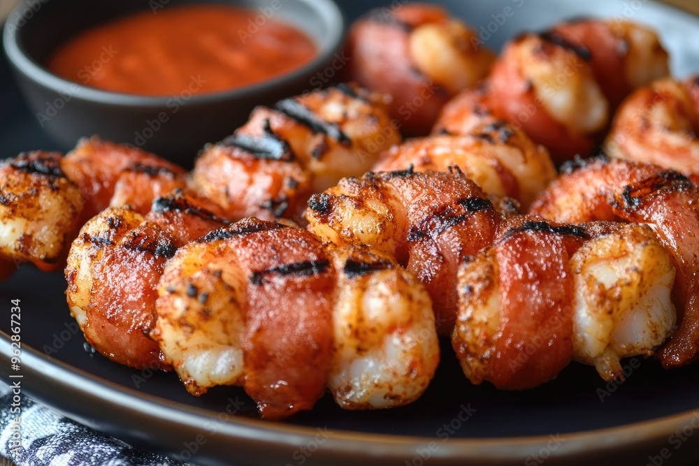 Bacon wrapped shrimp grilled to perfection, served with a side of cocktail sauce Bacon wrapped shrimp grilled to perfection, served with a side of cocktail sauce