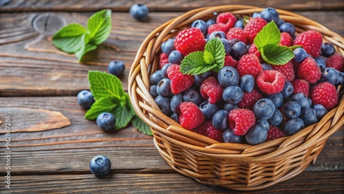 Wicker basket filled with blueberries and raspberries, fresh, fruit, organic, healthy, colorful, harvest, summer, juicy, delicious