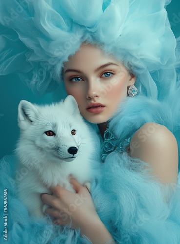 Fine art portrait of beautiful nordic young woman holding an arctic fox