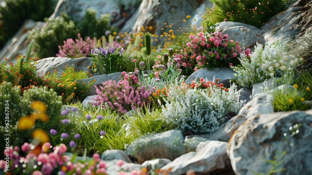 Vibrant Wildflowers Bloom in a Rock Garden Vibrant Wildflowers Bloom in a Rock Garden