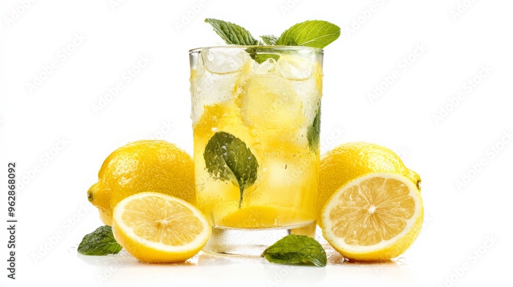 Glass of fresh lemonade on white background, refreshing and cool Glass of fresh lemonade on white background, refreshing and cool