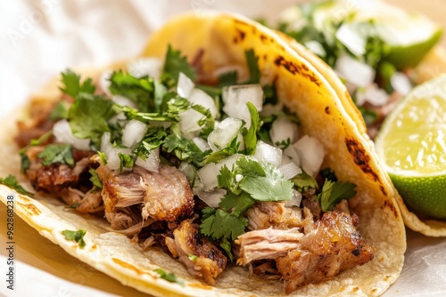 A close-up of a street taco filled with juicy carnitas, topped with fresh cilantro, diced onions, and a squeeze of lime, all wrapped in a warm corn tortilla 