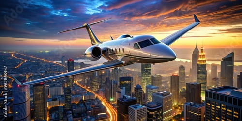sleek modern leased corporate jet flying low over bustling cityscape with towering skyscrapers and neon lights reflecting on polished aluminum airframe
