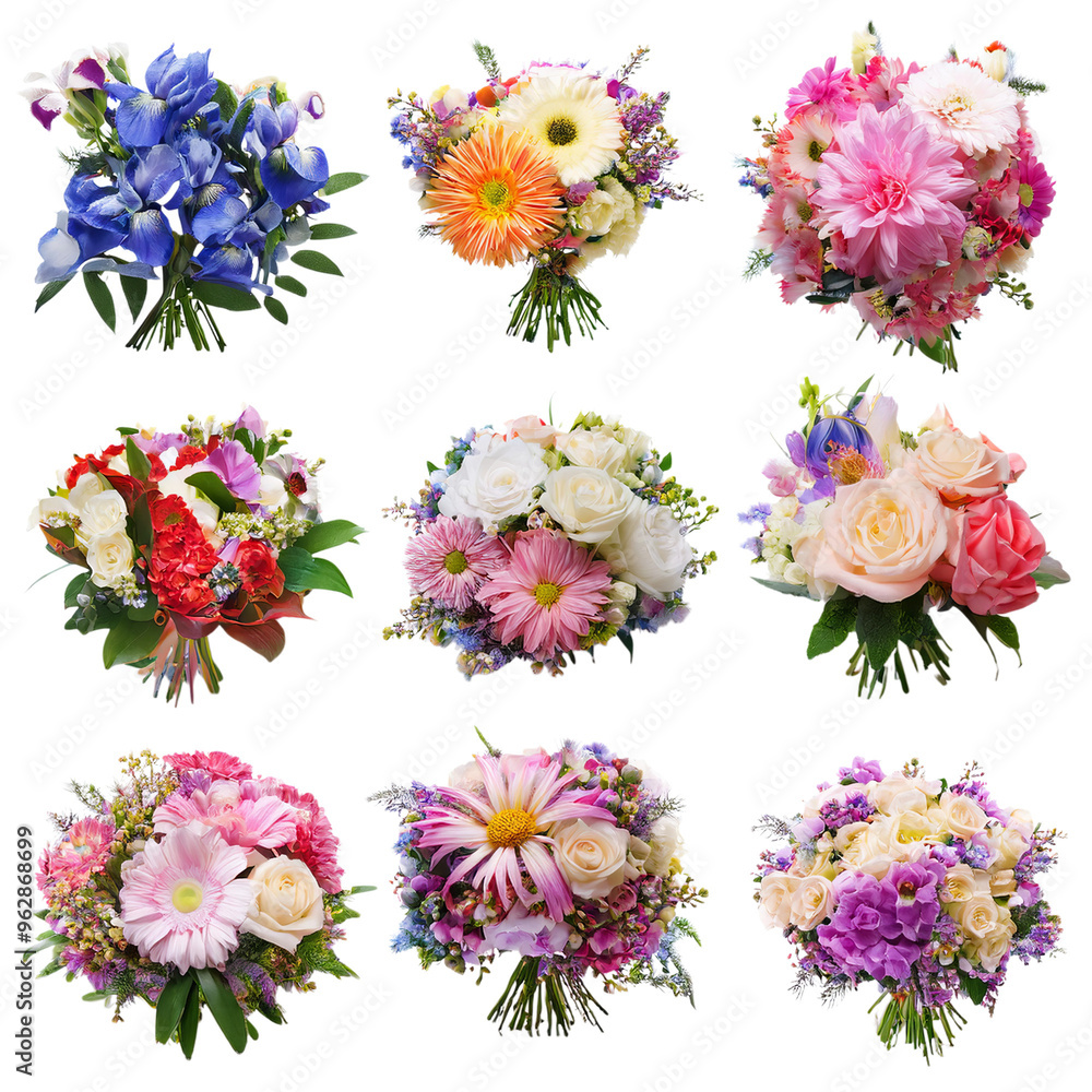 Colorful mixed flower bouquet arrangement with vibrant petals isolated on transparent background Colorful mixed flower bouquet arrangement with vibrant petals isolated on transparent background