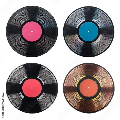 Four different vinyl records with colorful labels isolated on transparent background