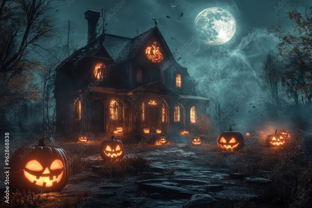 A haunted house illuminated by the eerie glow of a full moon, with carved pumpkins, flickering candles, and ghostly figures lurking in the shadows A haunted house illuminated by the eerie glow of a full moon, with carved pumpkins, flickering candles, and ghostly figures lurking in the shadows