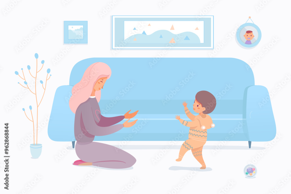 Obraz premium Mother teaching baby to walk. First kids steps. Mom playing with little child. Loving relationship and care. Children growth and development. Happy family moments. Vector illustration.