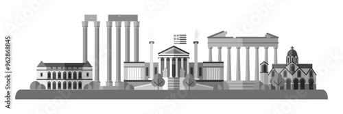 Athens landmarks and city scape. Greece capital skyline background for postcard, banner, poster. Greek world famous architectural sightseeing. Graphic flat vector illustration in white-gray colors.