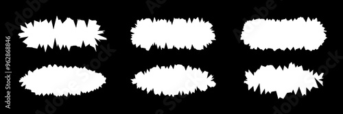 White grunge ellipses sketch with rough effect isolated on black background. Vector brush round shapes. Graffiti paint doodle frames, charcoal borders.
