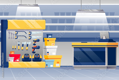 Hardware shop interior background. Store with counter, stands with paint, toolkits, saws, hammers, screwdrivers vector illustration. Tools and materials assortment for renovation.