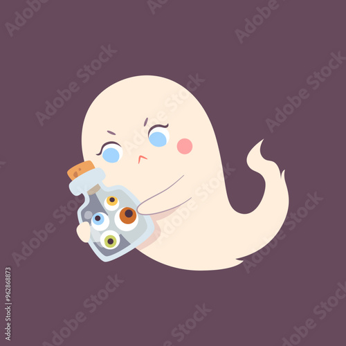 Cute Halloween ghost character with bottle, pleasant charming adorable creature. Funny magic kawaii demon, mystery creative nowadays vector clipart.