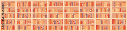 Library bookcases background. Interior of bookshop with bookshelves. Reading room in school, university, college. Colorful retro vintage cartoon vector illustration.