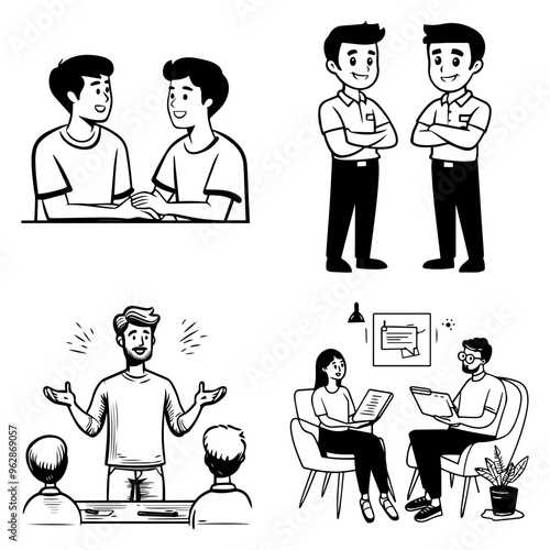 Dynamic Team Communication Illustrations showcasing collaboration, presentations and interpersonal connection in line art.