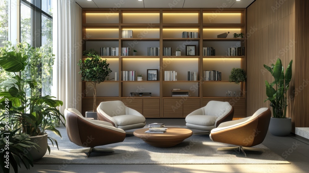 Modern Living Room Interior Design with Bookcase and Armchairs Modern Living Room Interior Design with Bookcase and Armchairs