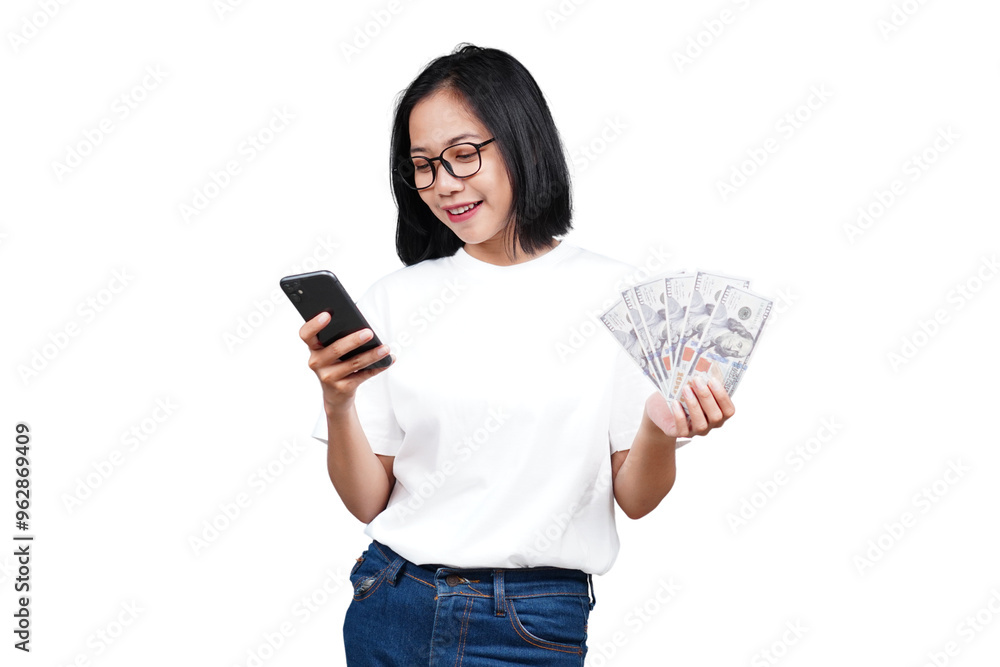 A smiling asian woman with money and smartphone isolated transparent A smiling asian woman with money and smartphone isolated transparent