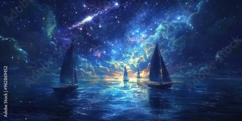 Ethereal Voyage on the Celestial River Under a Starry Sky Landscape Painting