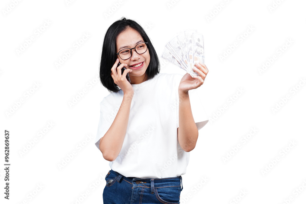 A smiling asian woman with money and smartphone isolated transparent A smiling asian woman with money and smartphone isolated transparent