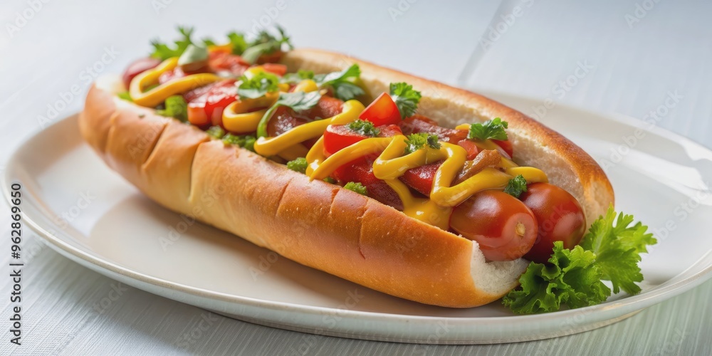 Gourmet hot dog with artistic presentation on a white plate, gourmet, hot dog, food styling, bun, sausage Gourmet hot dog with artistic presentation on a white plate, gourmet, hot dog, food styling, bun, sausage