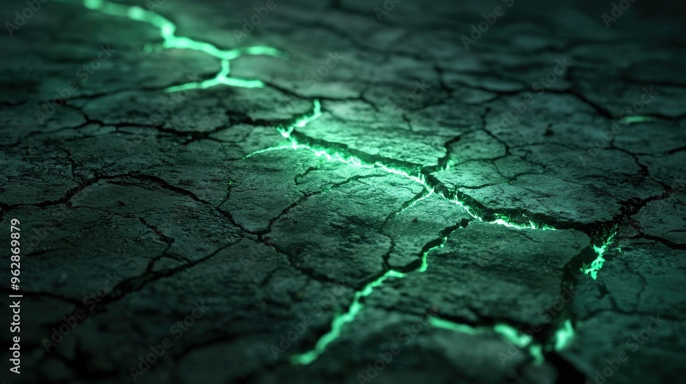 Fototapeta premium Illuminated Cracked Asphalt Texture with Teal Glowing Fractal Patterns