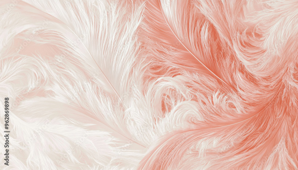 A soft, abstract design featuring swirling feathers in shades of coral and white, creating a gentle and elegant aesthetic.
