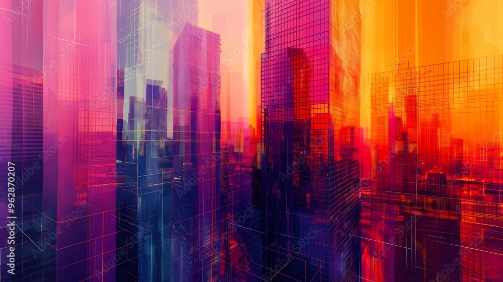 Obraz premium Abstract city skyline with vibrant colors and geometric lines.