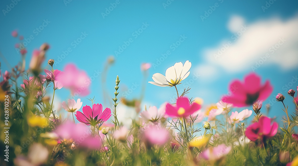 A vibrant photo of a wildflower meadow in soft pastel tones, with a butterfly perched on a bloom, capturing the beauty of nature