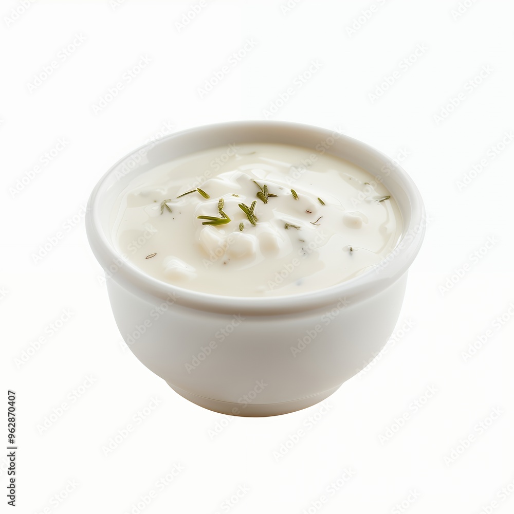 Creamy white sauce with herbs in a small white bowl. Creamy white sauce with herbs in a small white bowl.