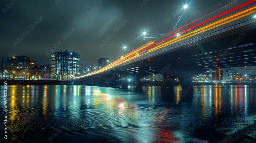 Cityscape with Bridge and Water Reflection at Night Cityscape with Bridge and Water Reflection at Night