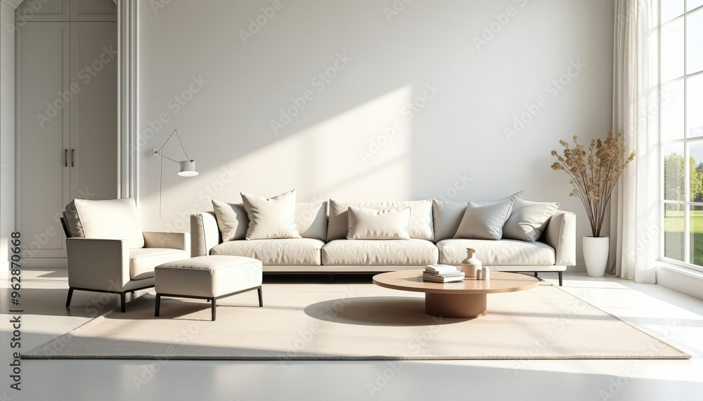 Fototapeta premium Minimalist Living Room with White Sofa and Cream Rug